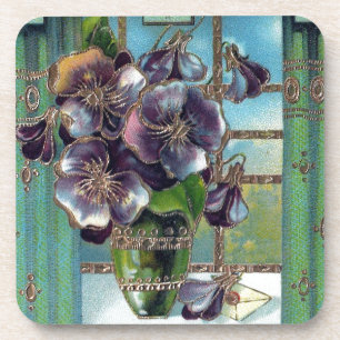 Vintage Pansy Flowers in Vase Coaster