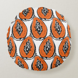 Vintage Papaya Charcoal Drawing Pattern. Round Cushion
