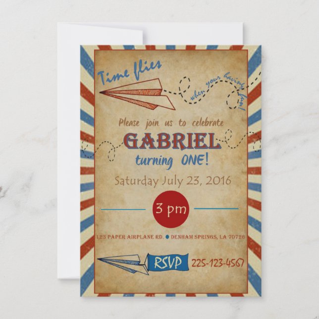 Vintage Paper Aeroplane Birthday Invitation (Front)