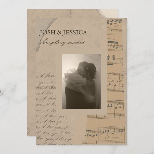 Vintage paper aesthetic photo wedding invitation (Front/Back)