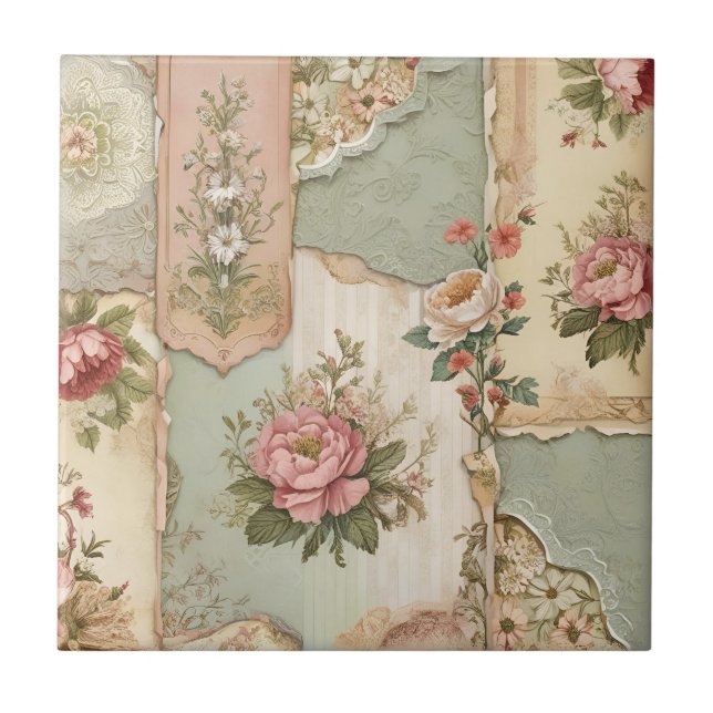 Vintage Paper and Flowers Ceramic Tile (Front)