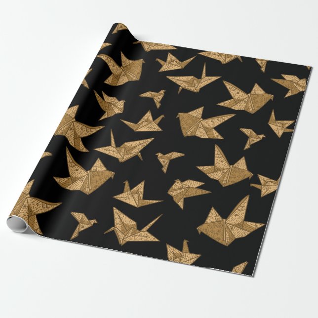 Vintage Paper Cranes Wrapping Paper (Unrolled)