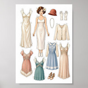 Vintage Paper Doll Cut-Out Activity for Girls Kids Poster