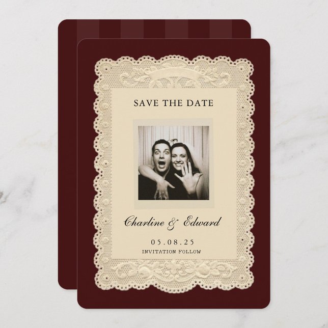Vintage Paper Lace Burgundy Save the Date (Creator Uploaded)