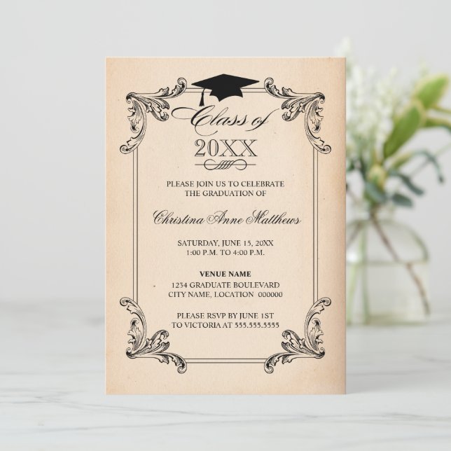 Vintage Paper Look and Ornament Graduation Invitation (Standing Front)