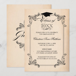 Vintage Paper Look and Ornament Graduation Invitation