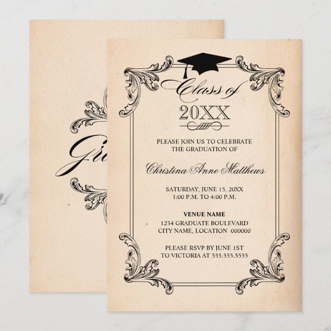 Vintage Paper Look and Ornament Graduation Invitation (Front/Back)