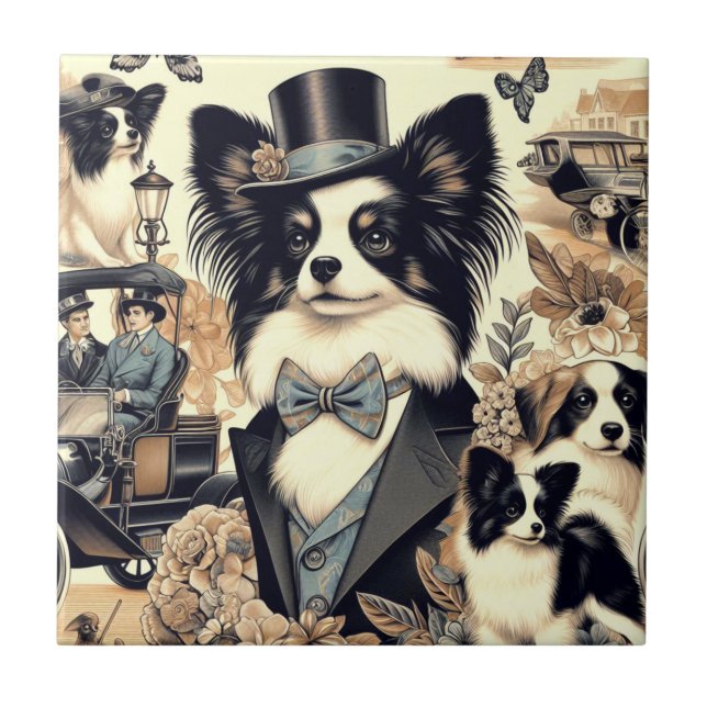 Vintage Papillon Dog Illustration Ceramic Tile (Front)