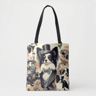 Vintage Papillon Dog Illustration Tote Bag