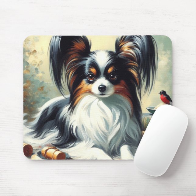 Vintage Papillon Dog Painting Mouse Pad (With Mouse)