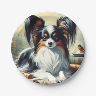 Vintage Papillon Dog Painting Paper Plate