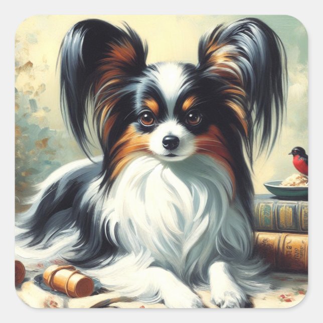 Vintage Papillon Dog Painting Square Sticker (Front)