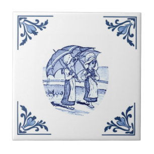 Vintage Parasol Girls Delft Corner Blue and White Ceramic Tile