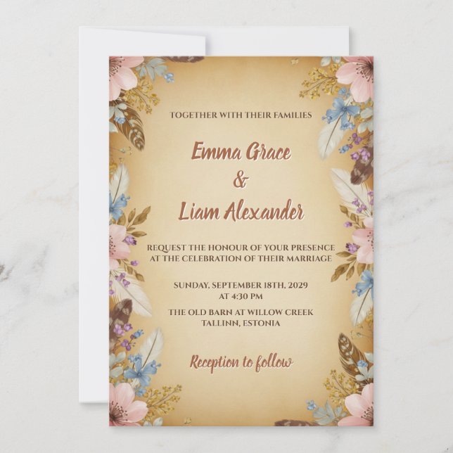 Vintage Parchment and Floral Wedding Invitation (Front)