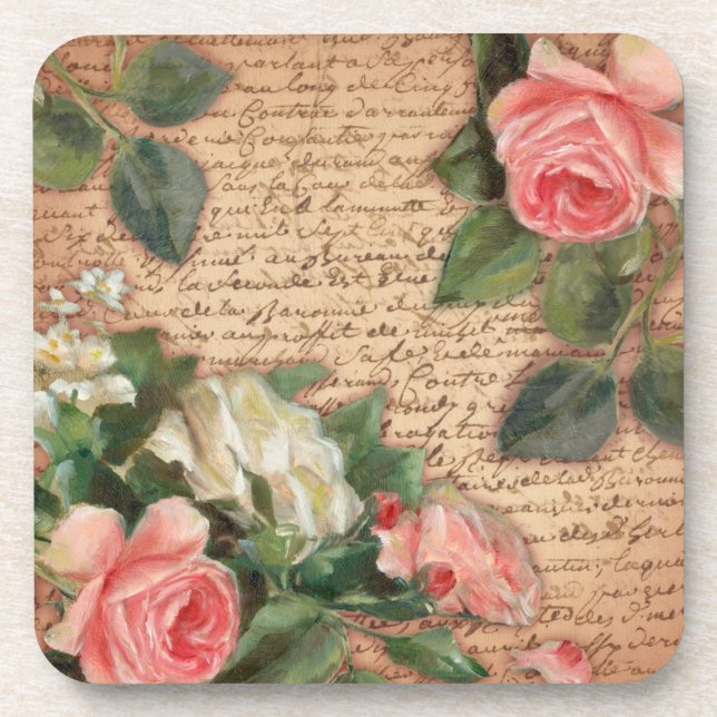 Vintage parchment and shabby chic Roses Coaster (Front)