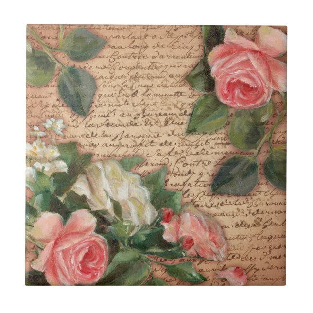 Vintage parchment and shabby chic Roses Tile (Front)