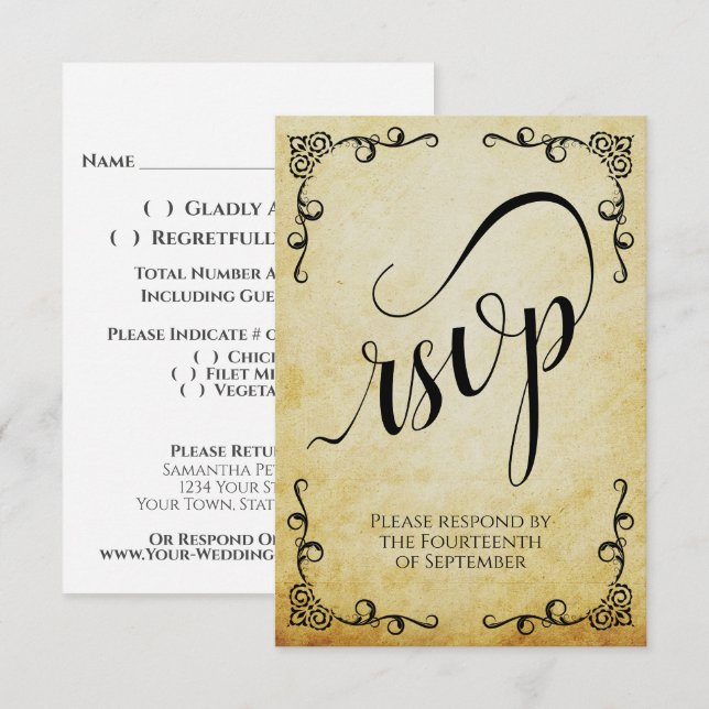 Vintage Parchment Elegant Calligraphy Wedding RSVP Card (Front/Back)