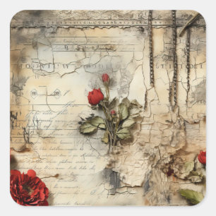 Vintage Parchment Love Letter with Flowers (10) Square Sticker