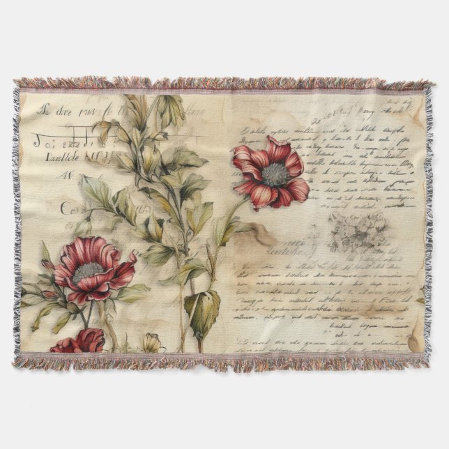 Vintage Parchment Love Letter with Flowers (1) Throw Blanket (Front)