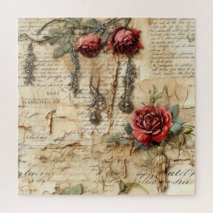 Vintage Parchment Love Letter with Flowers (4) Jigsaw Puzzle