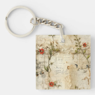 Vintage Parchment Love Letter with Flowers (6) Key Ring
