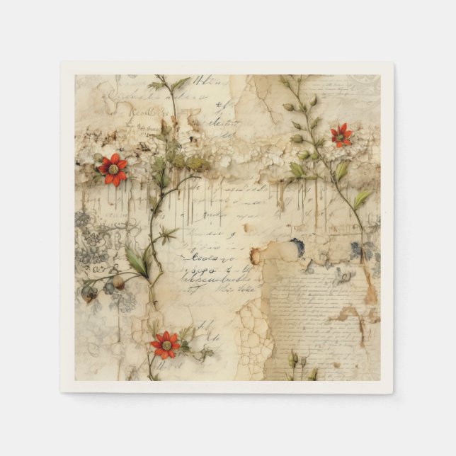 Vintage Parchment Love Letter with Flowers (6) Napkin (Front)