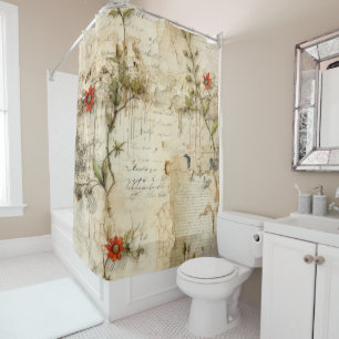 Vintage Parchment Love Letter with Flowers (6) Shower Curtain
