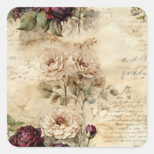Vintage Parchment Love Letter with Flowers (7) Square Sticker
