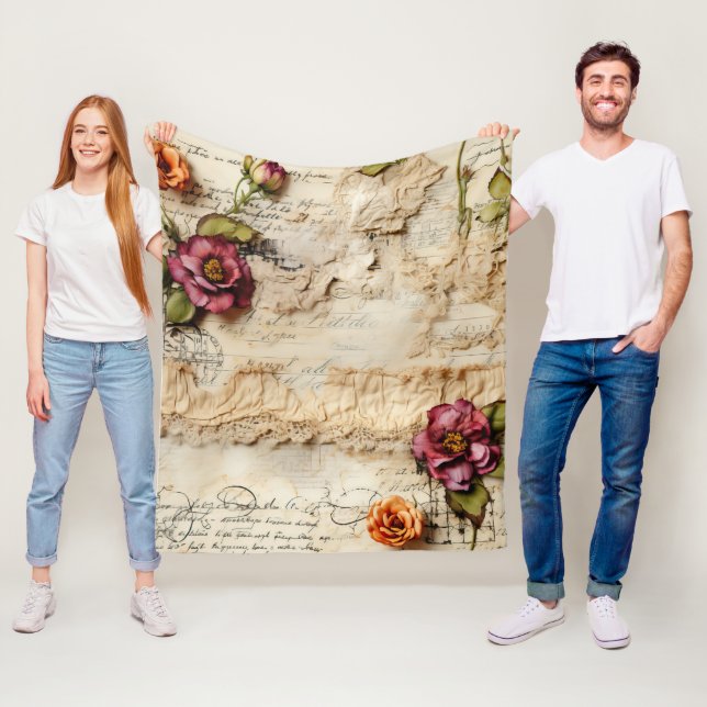 Vintage Parchment Love Letter with Flowers (8) Fleece Blanket (In Situ)