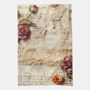 Vintage Parchment Love Letter with Flowers (8) Tea Towel