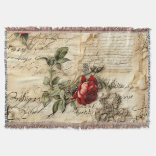 Vintage Parchment Love Letter with Flowers (9) Throw Blanket