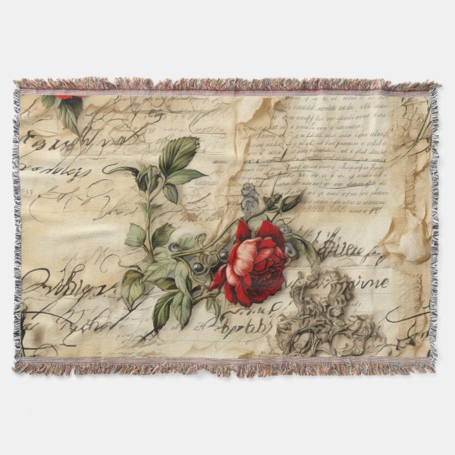 Vintage Parchment Love Letter with Flowers (9) Throw Blanket (Front)