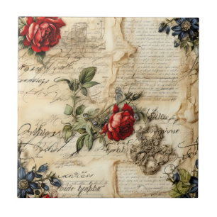 Vintage Parchment Love Letter with Flowers Ceramic Tile
