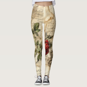 Vintage Parchment Love Letter with Flowers Leggings