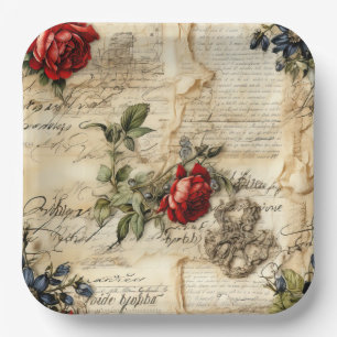 Vintage Parchment Love Letter with Flowers Paper Plate