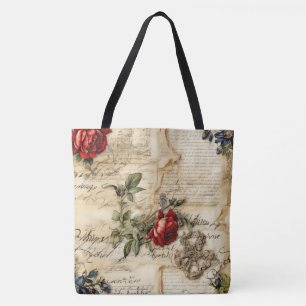 Vintage Parchment Love Letter with Flowers Tote Bag