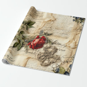 Vintage Parchment Love Letter with Flowers Wrapping Paper