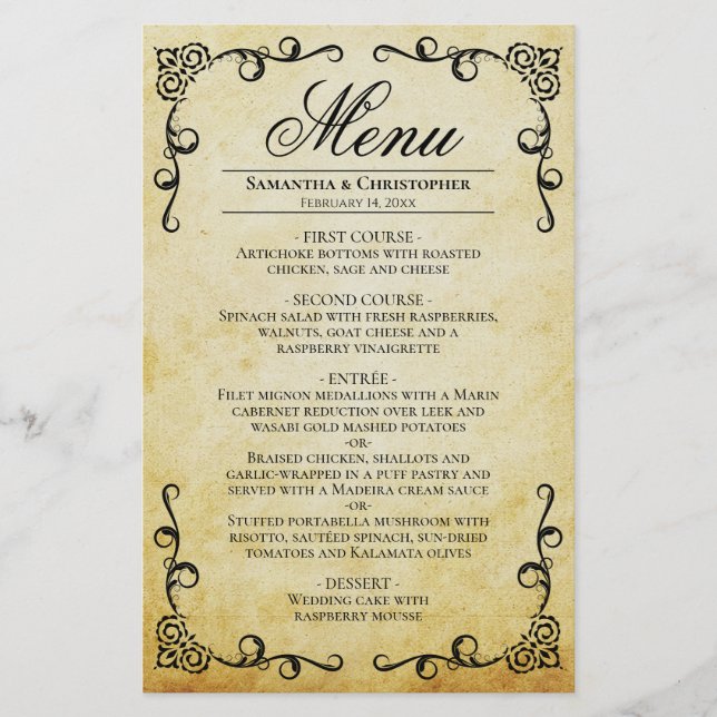 Vintage Parchment & Scrolls Budget Wedding Menu (Front)