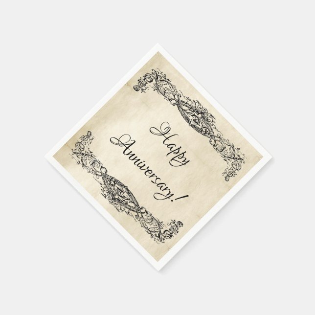 Vintage Parchment Scrollwork Happy Anniversary Napkin (Corner)