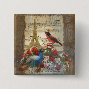 Vintage Paris & bird music sheet collage 15 Cm Square Badge