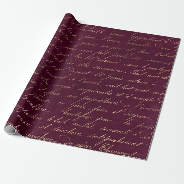 Vintage Paris Burgundy and Gold Calligraphy Wrapping Paper (Unrolled)