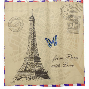 Vintage Paris City Map Old Air Mail Envelope Shower Curtain