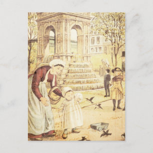 Vintage Paris Cute Kid Mother Sparrows Birds Postcard