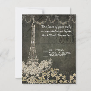 Vintage Paris Eiffel Tower Black Tan Wedding RSVP Card