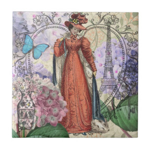Vintage Paris Eiffel Tower Collage Romantic French Ceramic Tile