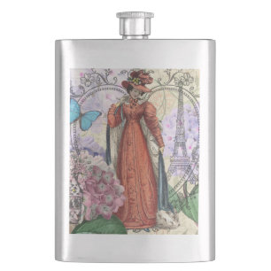 Vintage Paris Eiffel Tower Collage Romantic French Hip Flask