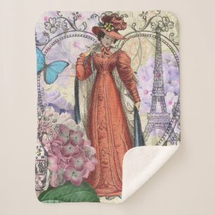 Vintage Paris Eiffel Tower Collage Romantic French Sherpa Blanket
