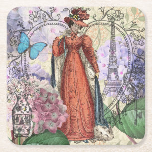 Vintage Paris Eiffel Tower Collage Romantic French Square Paper Coaster