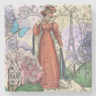 Vintage Paris Eiffel Tower Collage Romantic French Stone Coaster