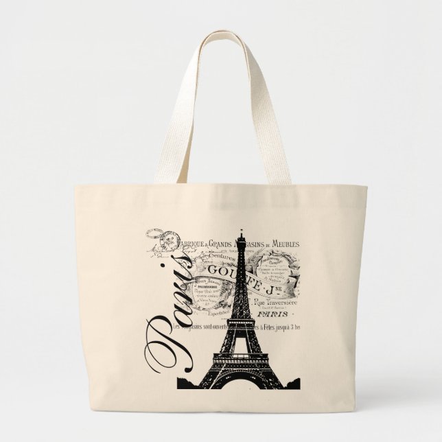 Vintage Paris & Eiffel Tower Label Large Tote Bag (Front)